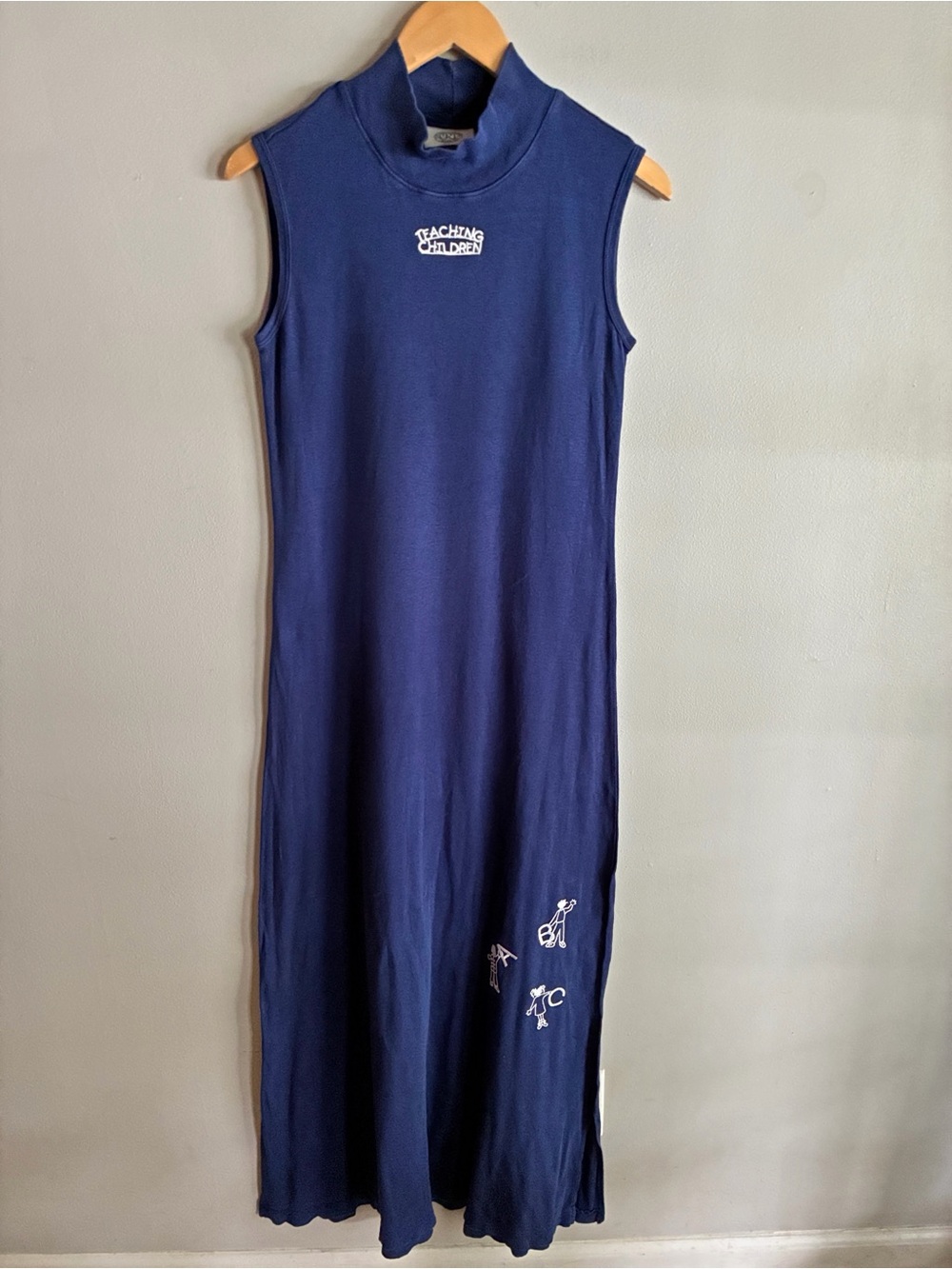 Vintage CRT Teaching Children Mock Neck Maxi Dress Blue Sleeveless USA Small